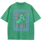 Men's Cotton Casual Unisex Menswear Top - Fitted Round Neck Washed Funny T-Shirt, Girls Will Be Girls Mantis Cartoon Print, Feminist Bug Design, Gift for Insect Lovers
