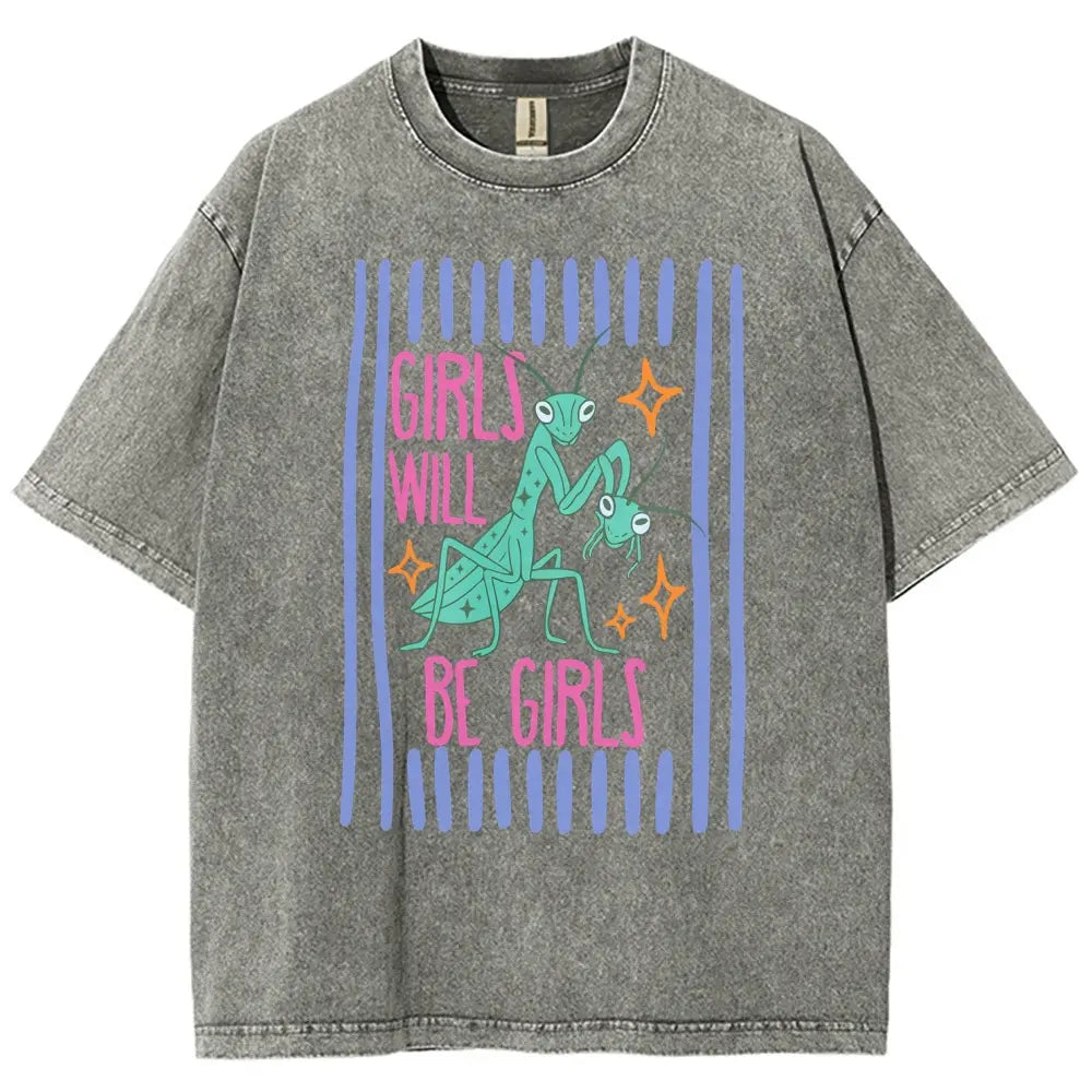 Men's Cotton Casual Unisex Menswear Top - Fitted Round Neck Washed Funny T-Shirt, Girls Will Be Girls Mantis Cartoon Print, Feminist Bug Design, Gift for Insect Lovers
