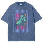 Men's Cotton Casual Unisex Menswear Top - Fitted Round Neck Washed Funny T-Shirt, Girls Will Be Girls Mantis Cartoon Print, Feminist Bug Design, Gift for Insect Lovers